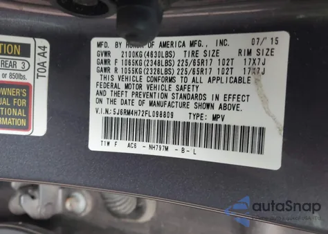 2015 Honda Cr-V Ex-L z USA, uszkodzony, nr VIN 5J6RM4H72FL098809